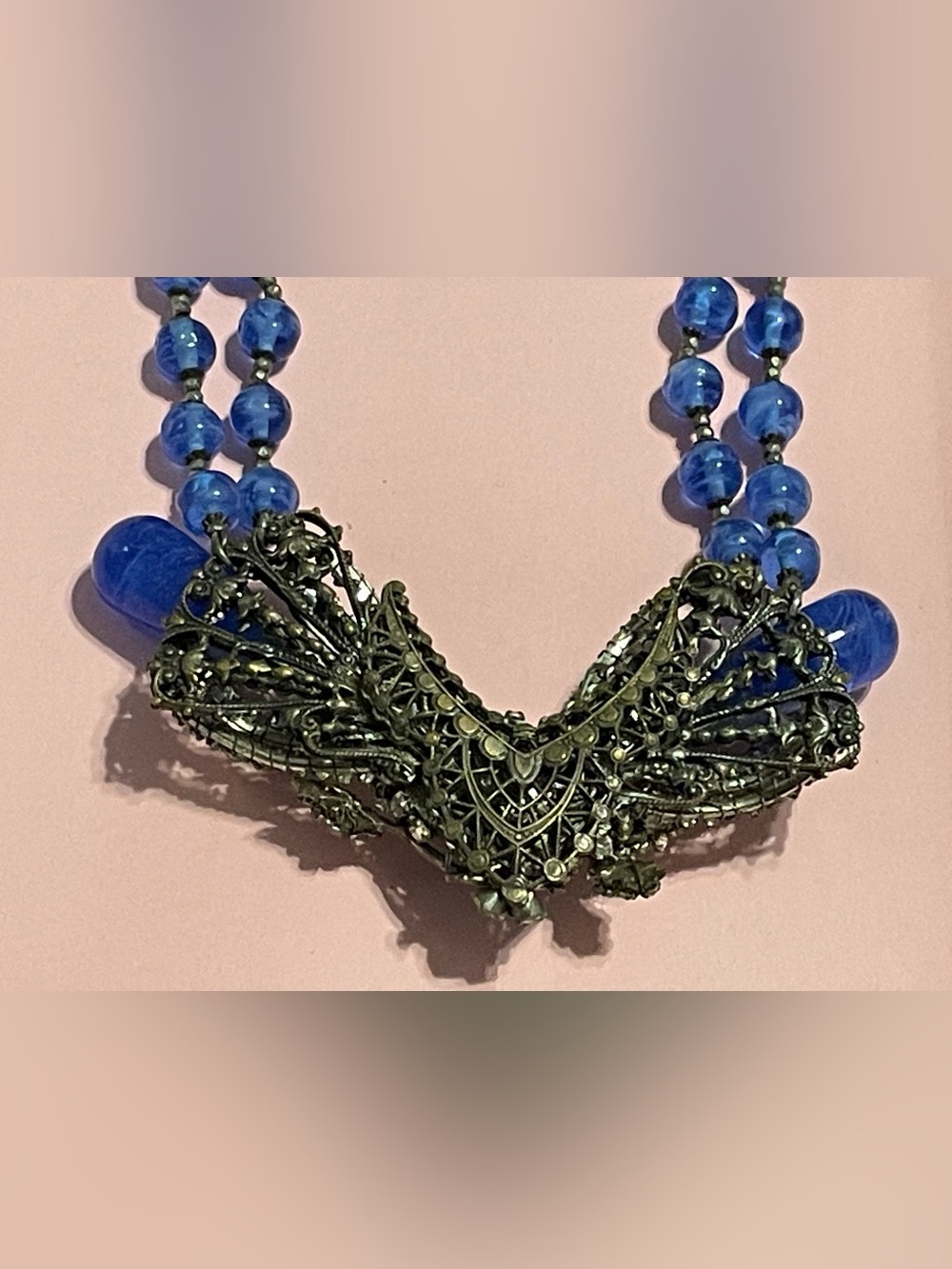 Vintage Ultra Rare Signed Miriam Haskell Cobalt Bead Rhinestone Necklace - Picture 7 of 12